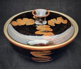Covered dish with Temoku glaze and decoration. Cone 10 reduction
