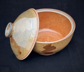 Covered dish with Shino glaze and iron decoration. Cone 10 reduction